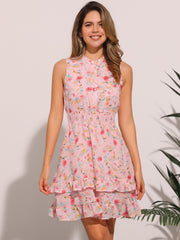 Floral A-line Smocked Waist Tiered Ruffled Chiffon Mini Dress