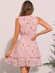 Floral A-line Smocked Waist Tiered Ruffled Chiffon Mini Dress