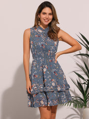 Floral A-line Smocked Waist Tiered Ruffled Chiffon Mini Dress