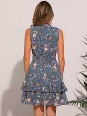 Floral A-line Smocked Waist Tiered Ruffled Chiffon Mini Dress
