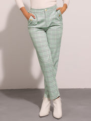 Vintage Tartan Plaid Pants Elastic Waist Straight Long Trousers