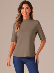 Mock Neck Solid Color Short Sleeves Casual T-shirts