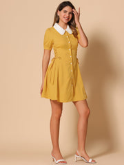 Vintage Peter Pan Collar Lace Up Button Down Dress