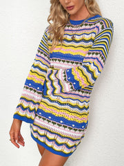 Round Neck Colorful Striped Pullover Mini Sweater Dress