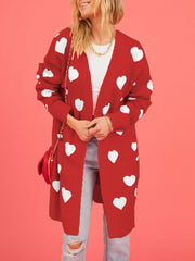 Heart Pattern Pocketed Mid Length Sweater Cardigan