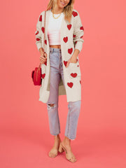 Heart Pattern Pocketed Mid Length Sweater Cardigan