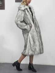 Lapel Long Sleeves Mid Length Faux Fur Coat