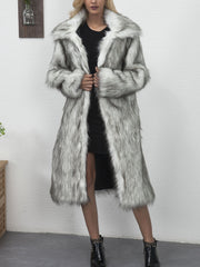 Lapel Long Sleeves Mid Length Faux Fur Coat