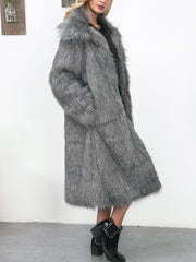Lapel Long Sleeves Mid Length Faux Fur Coat