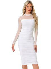 Mesh Sheer Mock Neck Ruch Cocktail Bodycon Midi Dress