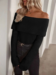 Solid Color Off Shoulder Long Sleeves Knitted Sweater