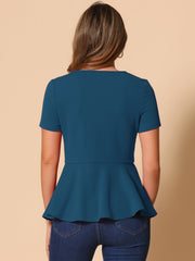 Short Sleeve Round Neck Solid Color Peplum Blouse