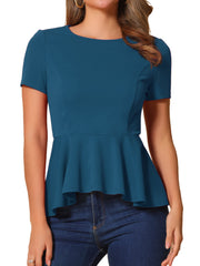 Short Sleeve Round Neck Solid Color Peplum Blouse
