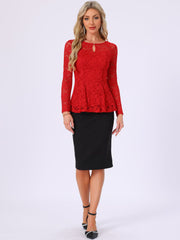 Lace Tops Keyhole Front Peplum Hem Sheer Long Sleeve Blouse
