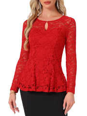 Lace Tops Keyhole Front Peplum Hem Sheer Long Sleeve Blouse