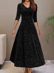 Elegant Vintage Velvet Floral V Neck Long Sleeves Maxi Dress
