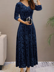 Elegant Vintage Velvet Floral V Neck Long Sleeves Maxi Dress