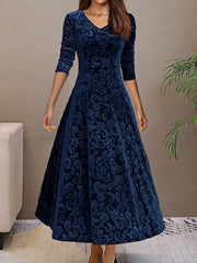 Elegant Vintage Velvet Floral V Neck Long Sleeves Maxi Dress