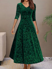 Elegant Vintage Velvet Floral V Neck Long Sleeves Maxi Dress