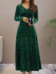 Elegant Vintage Velvet Floral V Neck Long Sleeves Maxi Dress