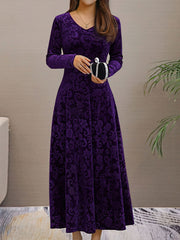 Elegant Vintage Velvet Floral V Neck Long Sleeves Maxi Dress