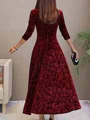 Elegant Vintage Velvet Floral V Neck Long Sleeves Maxi Dress