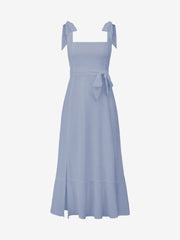 Bow Lace-Up Belted Slit Ruffled Sleeveless Midi Dress