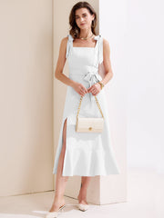 Bow Lace-Up Belted Slit Ruffled Sleeveless Midi Dress