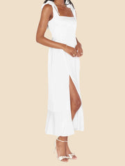Bow Lace-Up Belted Slit Ruffled Sleeveless Midi Dress