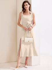 Bow Lace-Up Belted Slit Ruffled Sleeveless Midi Dress