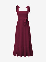 Bow Lace-Up Belted Slit Ruffled Sleeveless Midi Dress