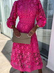 Elegant Boho Eyelet Mock Neck Long Sleeves Evening Maxi Dress
