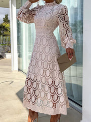 Elegant Boho Eyelet Mock Neck Long Sleeves Evening Maxi Dress