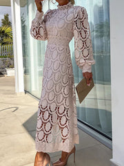 Elegant Boho Eyelet Mock Neck Long Sleeves Evening Maxi Dress