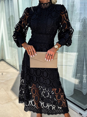 Elegant Boho Eyelet Mock Neck Long Sleeves Evening Maxi Dress