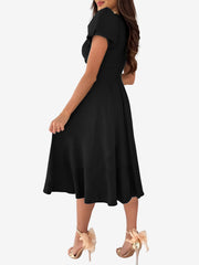 Versatile Crewneck Solid Color V Neck Puff Short Sleeve Midi Dress with Elastic Waist