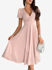 Versatile Crewneck Solid Color V Neck Puff Short Sleeve Midi Dress with Elastic Waist