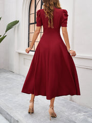 Textured Puff Short Sleeve Ruched Midi A-Line Dress Raised Fabric Cinched Waist and Casual-Chic Design