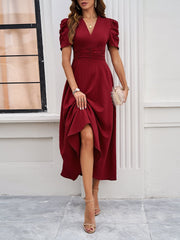Textured Puff Short Sleeve Ruched Midi A-Line Dress Raised Fabric Cinched Waist and Casual-Chic Design