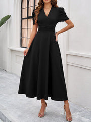 Textured Puff Short Sleeve Ruched Midi A-Line Dress Raised Fabric Cinched Waist and Casual-Chic Design