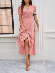 Textured Puff Short Sleeve Ruched Midi A-Line Dress Raised Fabric Cinched Waist and Casual-Chic Design