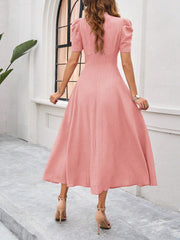 Textured Puff Short Sleeve Ruched Midi A-Line Dress Raised Fabric Cinched Waist and Casual-Chic Design