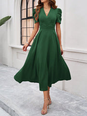 Textured Puff Short Sleeve Ruched Midi A-Line Dress Raised Fabric Cinched Waist and Casual-Chic Design