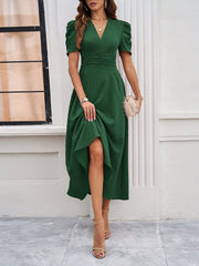 Textured Puff Short Sleeve Ruched Midi A-Line Dress Raised Fabric Cinched Waist and Casual-Chic Design