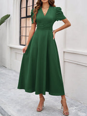 Textured Puff Short Sleeve Ruched Midi A-Line Dress Raised Fabric Cinched Waist and Casual-Chic Design