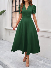 Textured Puff Short Sleeve Ruched Midi A-Line Dress Raised Fabric Cinched Waist and Casual-Chic Design