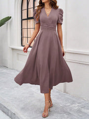 Textured Puff Short Sleeve Ruched Midi A-Line Dress Raised Fabric Cinched Waist and Casual-Chic Design