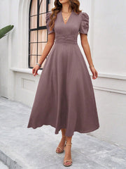 Textured Puff Short Sleeve Ruched Midi A-Line Dress Raised Fabric Cinched Waist and Casual-Chic Design