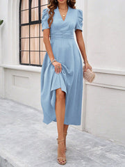 Textured Puff Short Sleeve Ruched Midi A-Line Dress Raised Fabric Cinched Waist and Casual-Chic Design