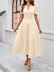 Textured Puff Short Sleeve Ruched Midi A-Line Dress Raised Fabric Cinched Waist and Casual-Chic Design